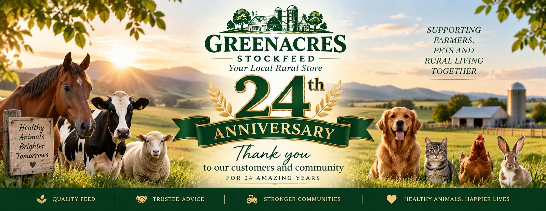 Greenacres Stockfeed 24th Anniversary banner: thank you to our customers and community for 24 amazing years — supporting farmers, pets and rural living together
