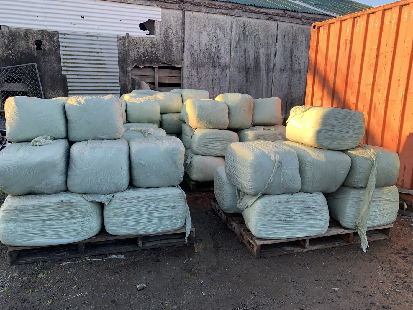 Wrapped baleage bales stacked outside the shed
