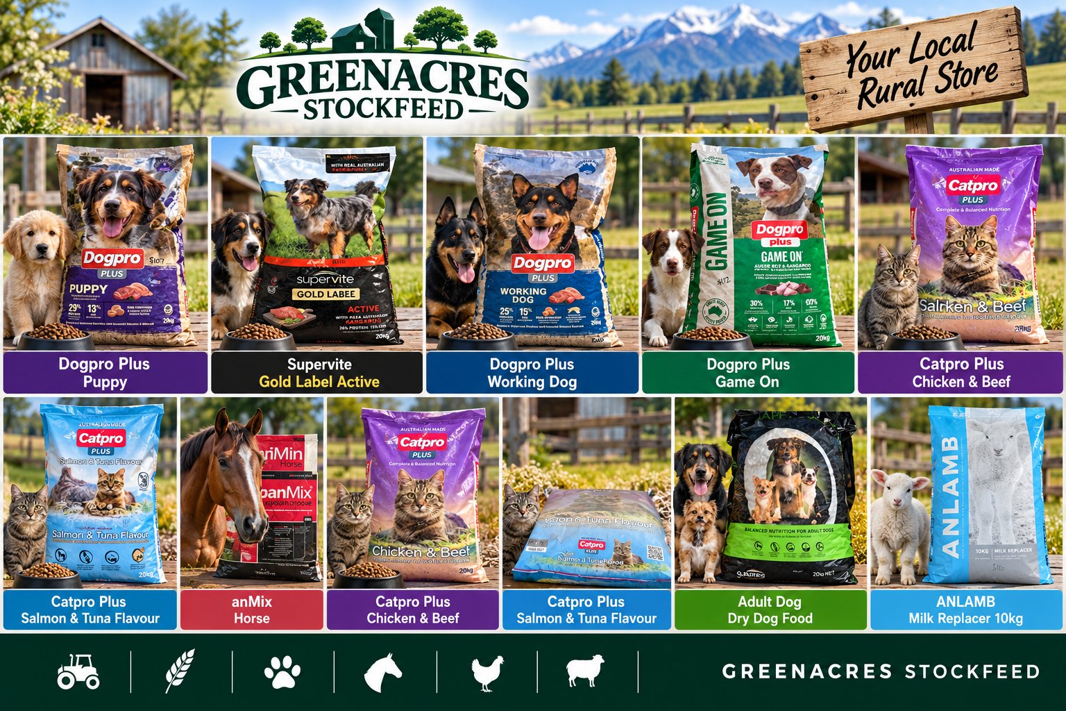 Collage of Dogpro Plus, Supervite Gold Label and Catpro Plus pet food bags