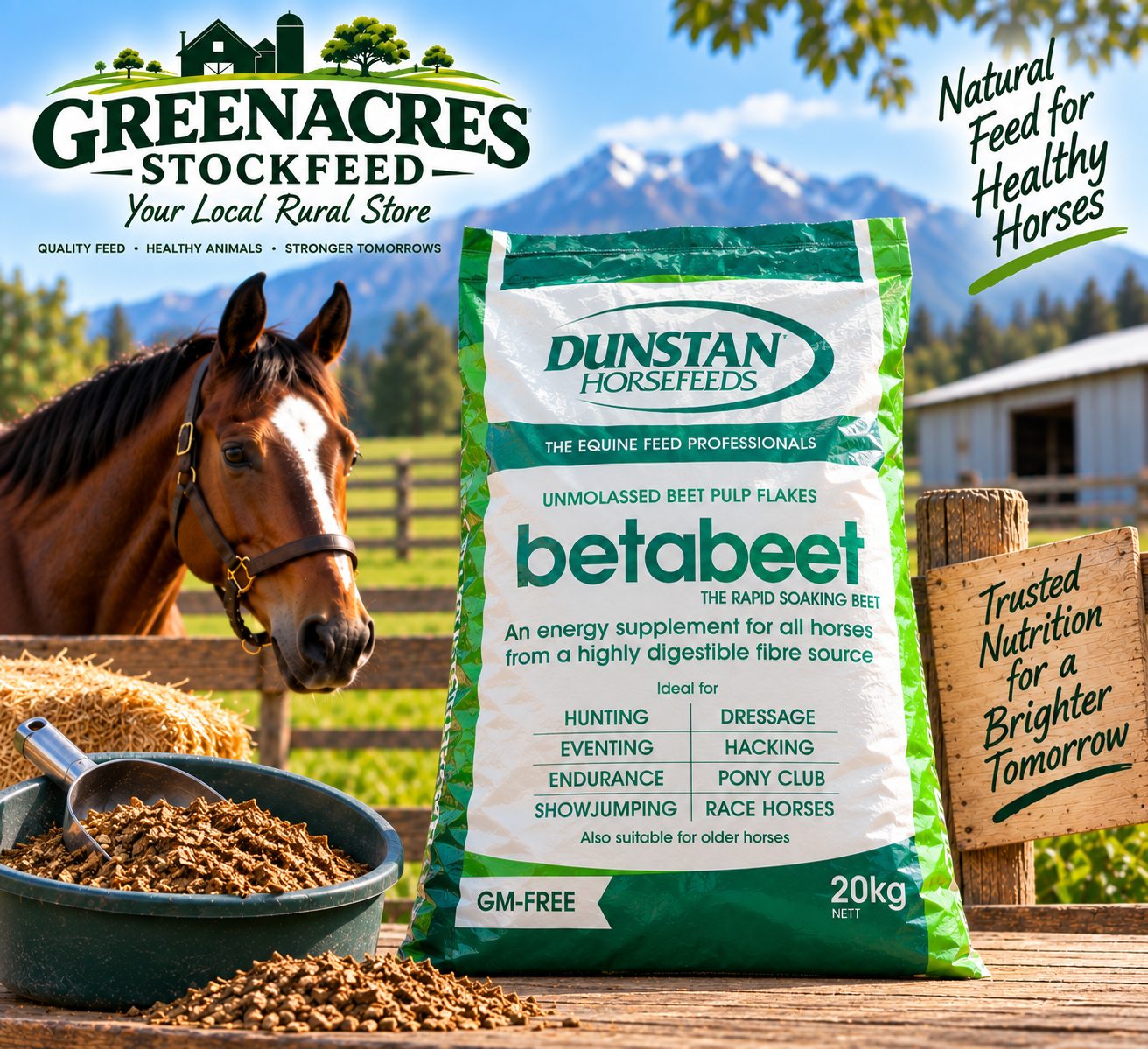 Dunstan Betabeet unmolassed beet pulp flakes, 20kg bag, with a horse in the background