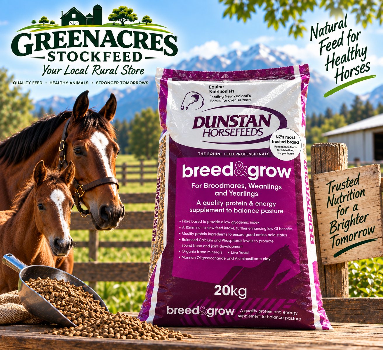 Dunstan Breed and Grow 20kg bag for broodmares, weanlings and yearlings, with a mare and foal beside it