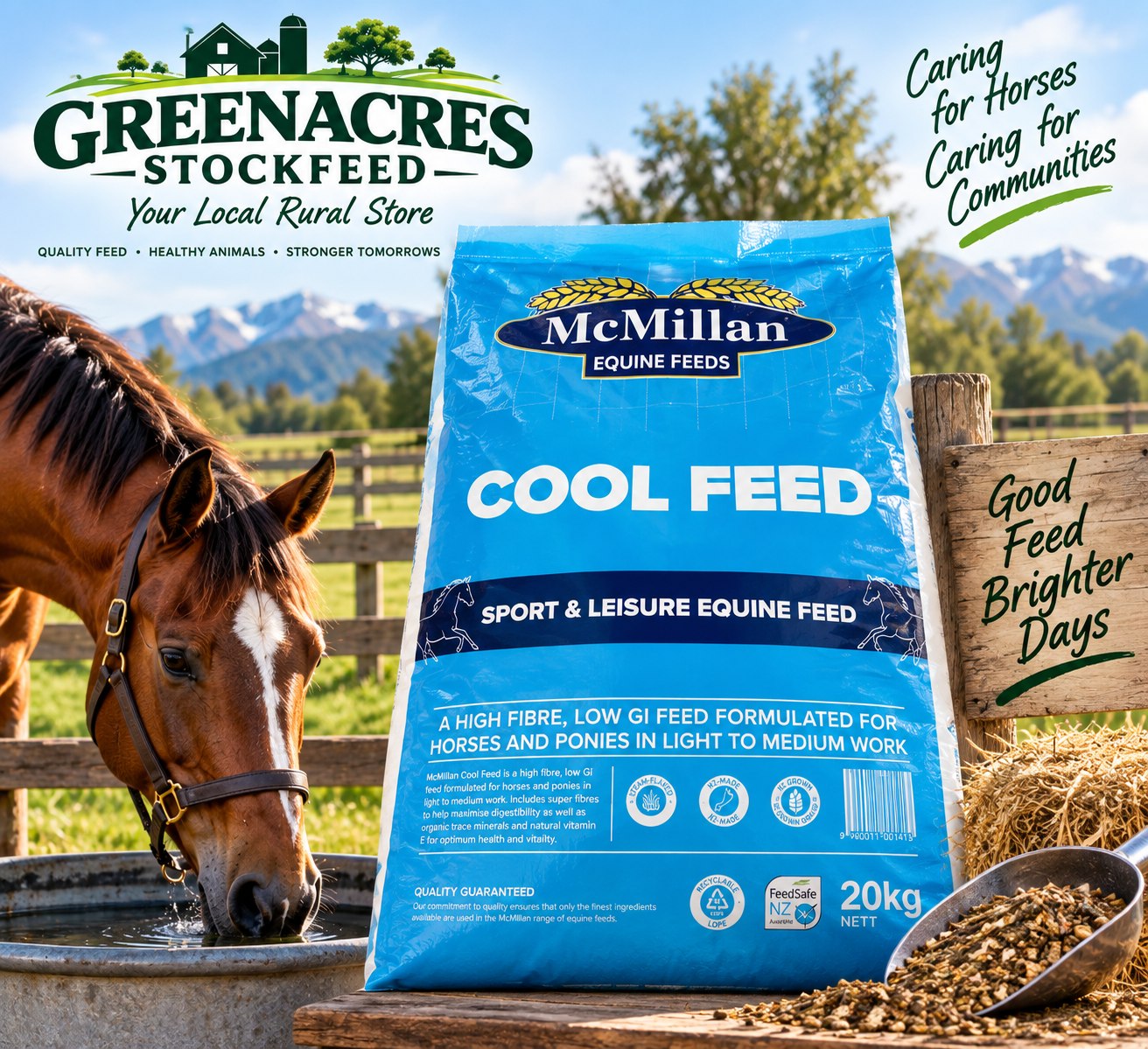 McMillan Cool Feed 20kg bag, a high fibre, low GI feed for horses and ponies in light to medium work