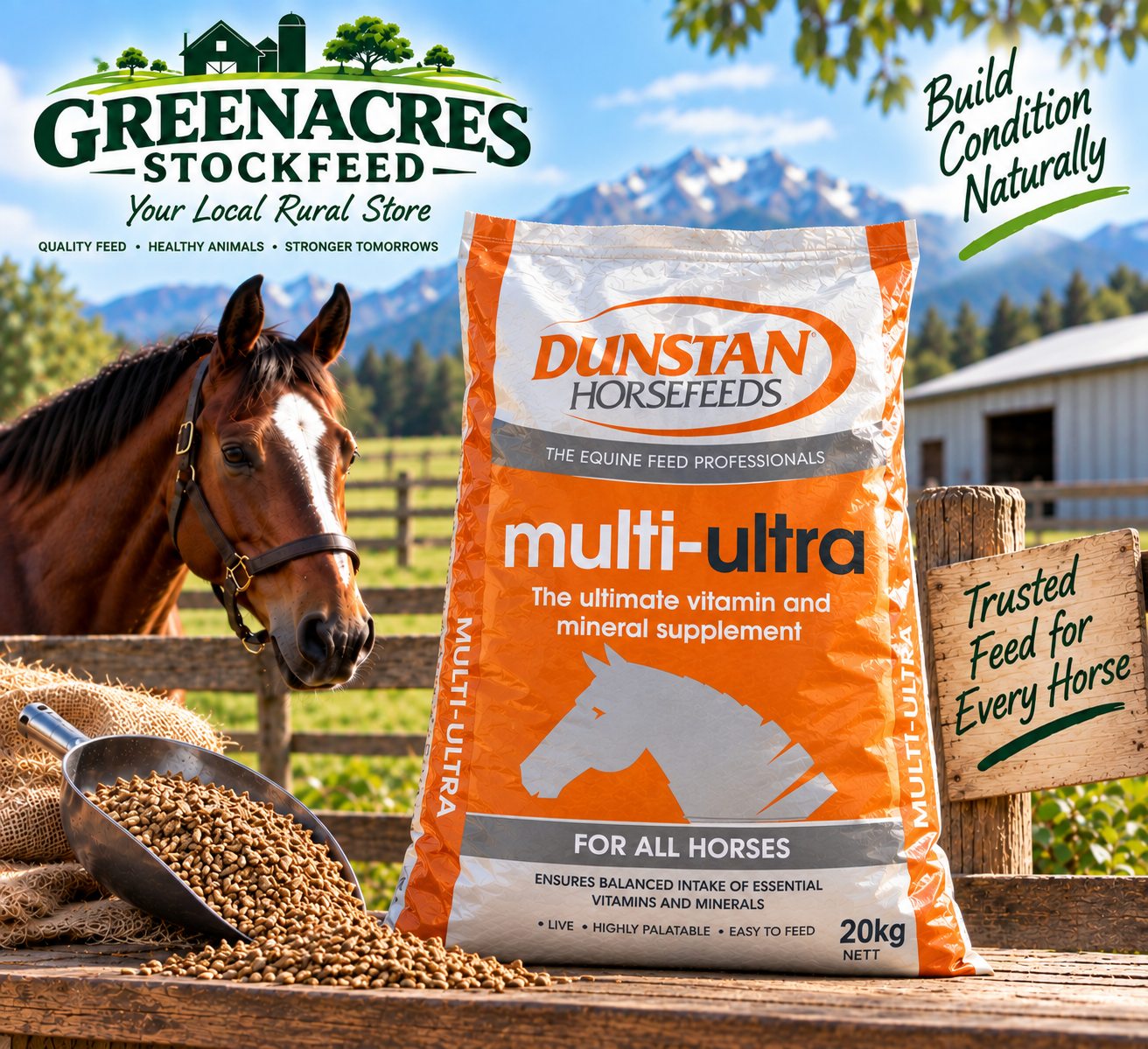 Dunstan Multi-Ultra 20kg bag, a vitamin and mineral supplement for all horses