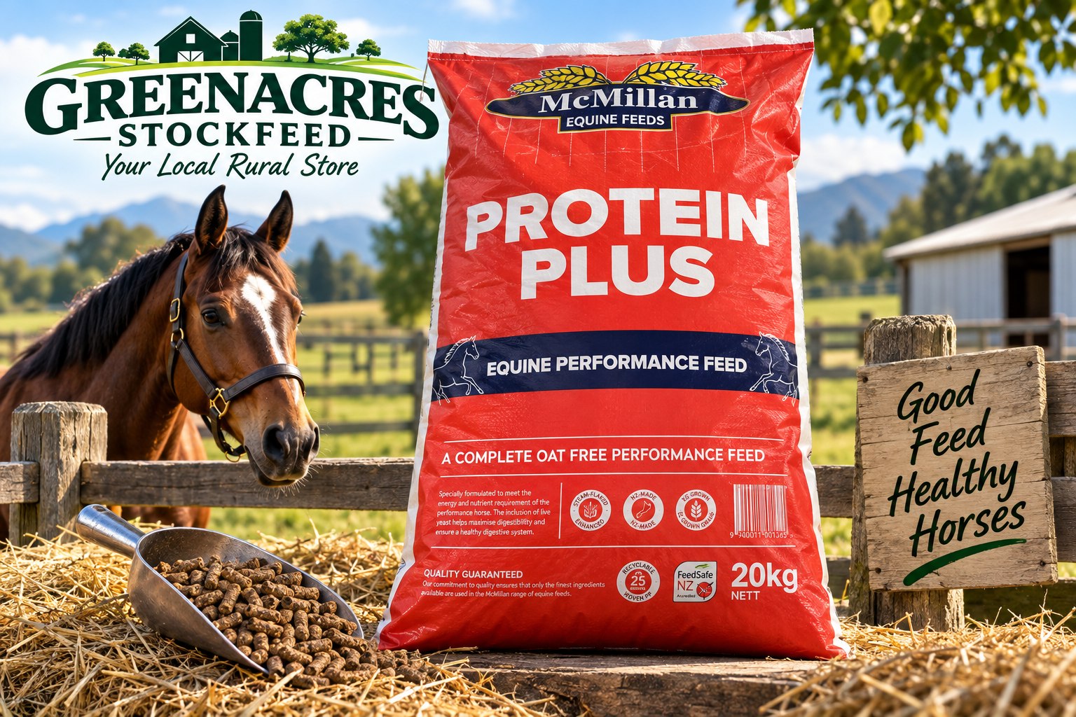 McMillan Protein Plus 20kg bag, a complete oat-free equine performance feed