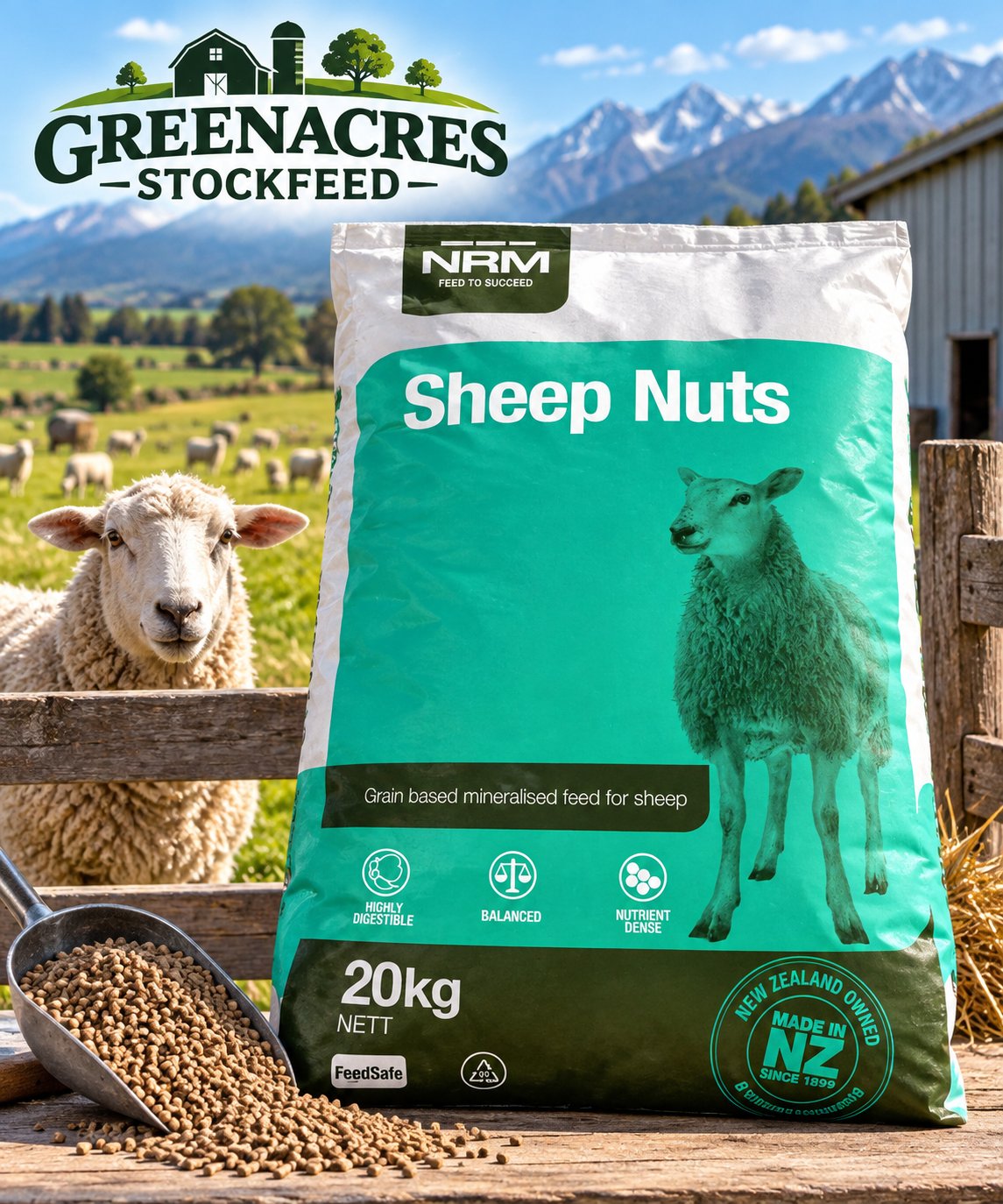 NRM Sheep Nuts 20kg bag, a grain-based mineralised feed for sheep