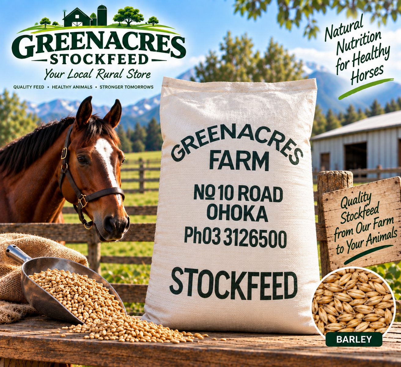 Greenacres Farm branded stockfeed sack of barley, with grain spilling from a scoop
