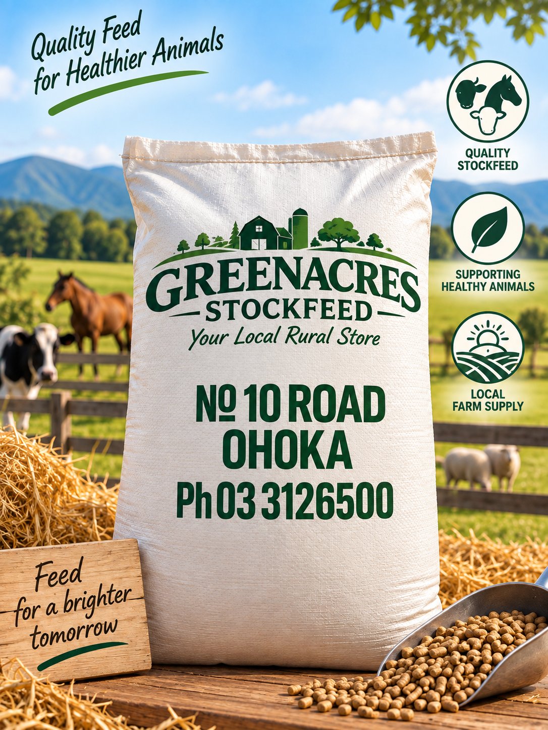 Greenacres Stockfeed sack printed with the No 10 Road, Ohoka address and phone number, on a farm with a horse, cows and sheep in the background