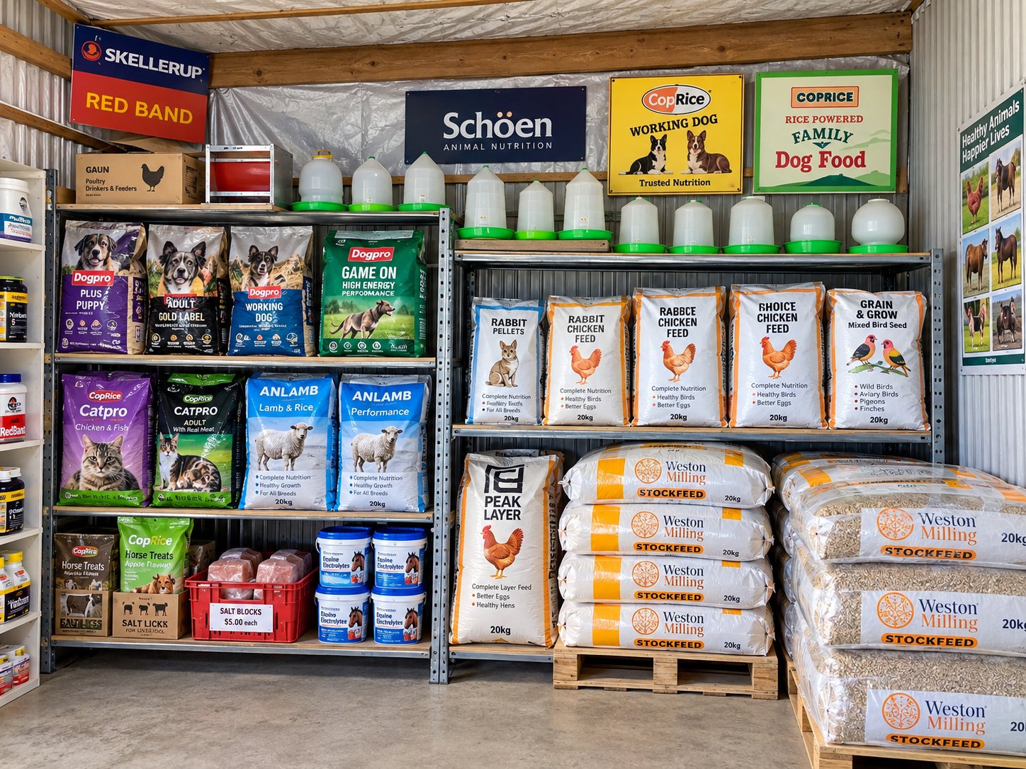 Shelves inside the shed stocked with dog, cat, poultry and rabbit feed sacks, ready for sale